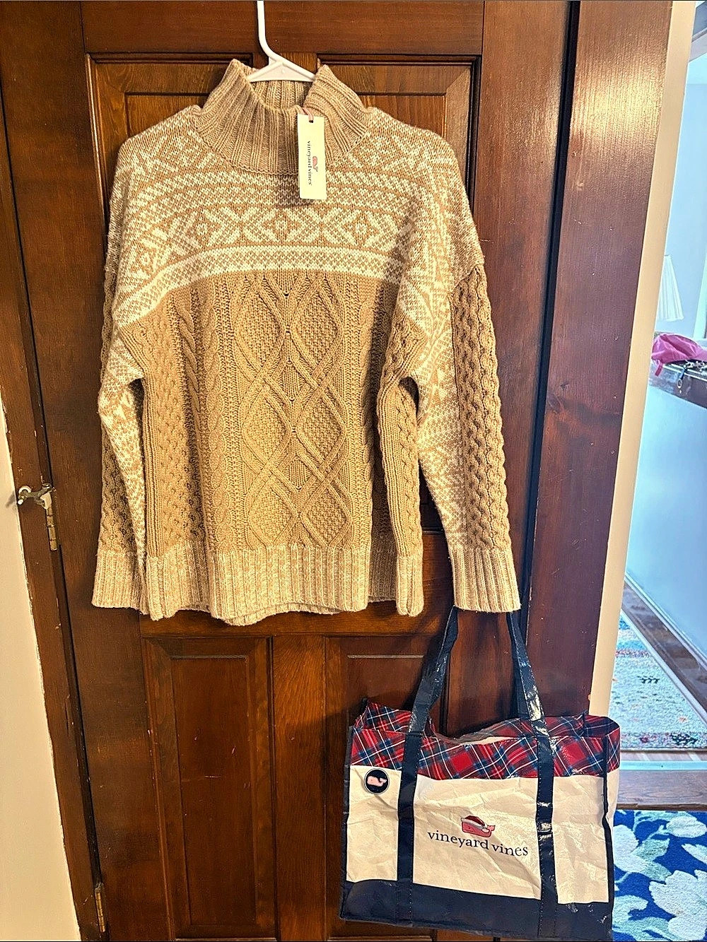 Vineyard Vines Fair Isle Fisherman Mockneck Sweater Brown & White Medium